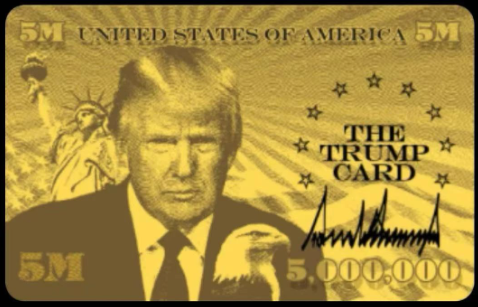 现阶段公布的样式，上面写着“UNITED STATES OF AMERICA”“5M”“THE TRUMP CARD”字样，特朗普的个人形象也是被印在上面。醒目位置标注"500万美元" 价码及签名。
