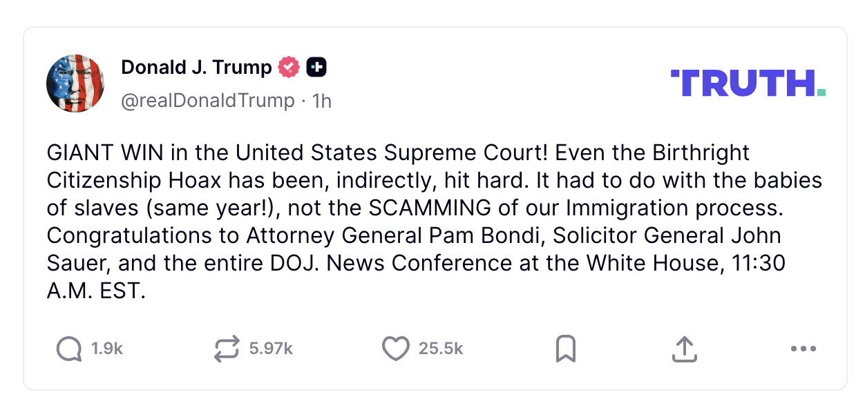 特朗普在社交媒体上表示：这是“巨大胜利(GIANT WIN)!最高法院裁定支持我们!”