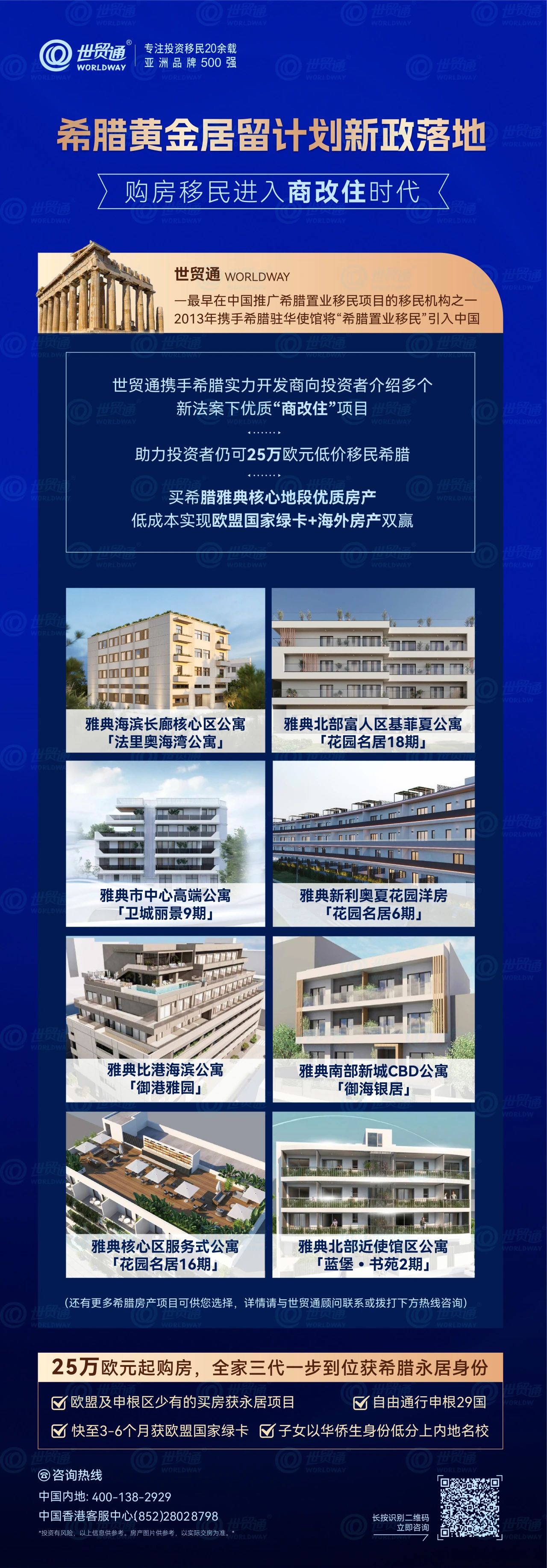 投资者投资25万欧元起的房产，即可一步到位获欧盟国家希腊永居身份!目前市场上符合希腊黄金居留项目申请法案、能快速过户的优质“商改住”房源不多，建议广大有意向的投资人把握机会，早选房早过户，早拿身份早安心!