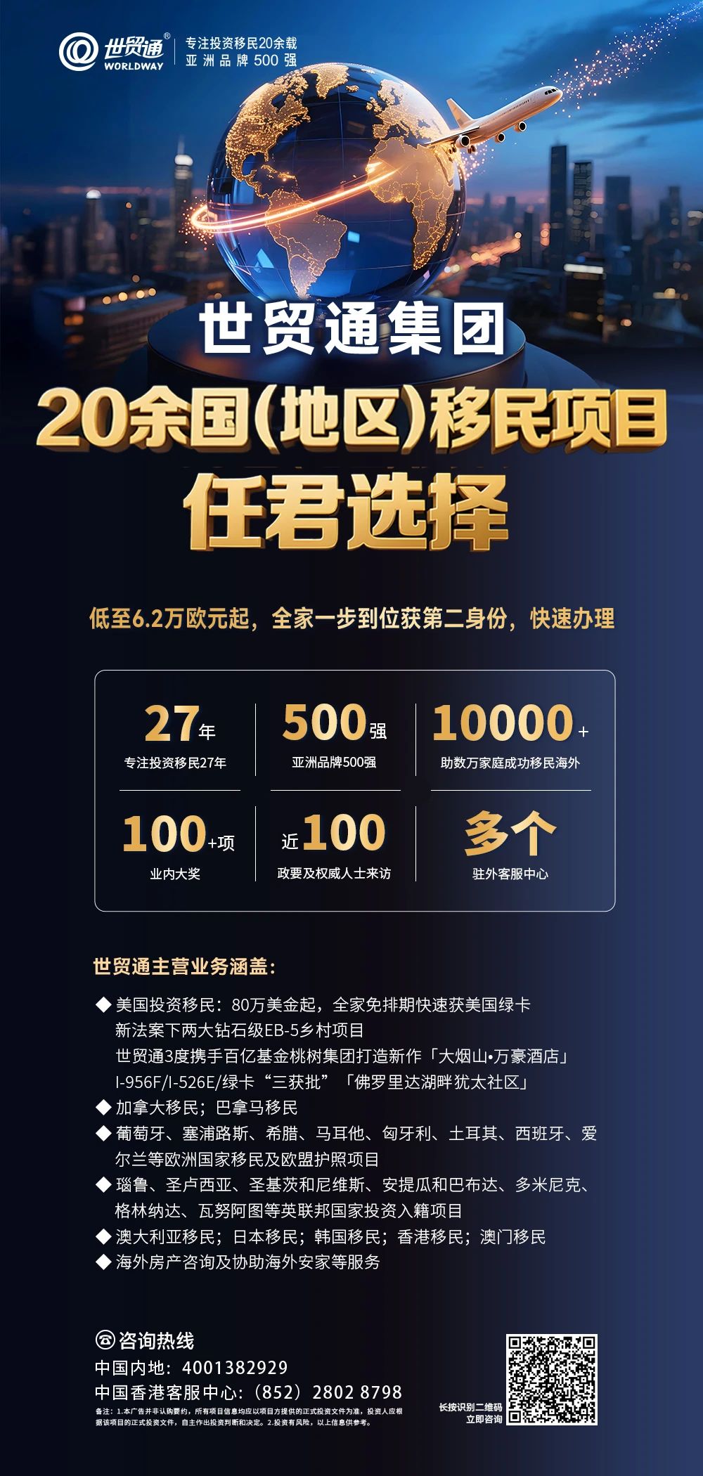目前，世贸通可提供23国(地区)身份规划项目，任君选择，低至6.2万欧元起，全家一步到位获第二身份，欢迎您的咨询。世贸通核心业务涵盖：美国移民;加拿大移民;巴拿马移民;葡萄牙、塞浦路斯、希腊、马耳他、匈牙利、土耳其、西班牙、爱尔兰等欧洲国家移民及欧盟护照项目;瑙鲁、圣卢西亚、圣基茨和尼维斯、安提瓜和巴布达、多米尼克、格林纳达、瓦努阿图等英联邦国家投资入籍项目;香港移民;澳门移民;日本移民;韩国移民;澳大利亚移民;海外房产咨询及协助海外安家等服务。